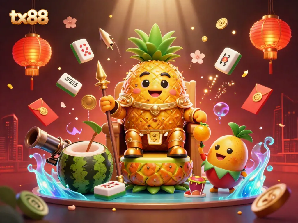 Experience the excitement of tx88 with a whimsical beach casino scene full of dynamic gaming elements and vibrant characters.