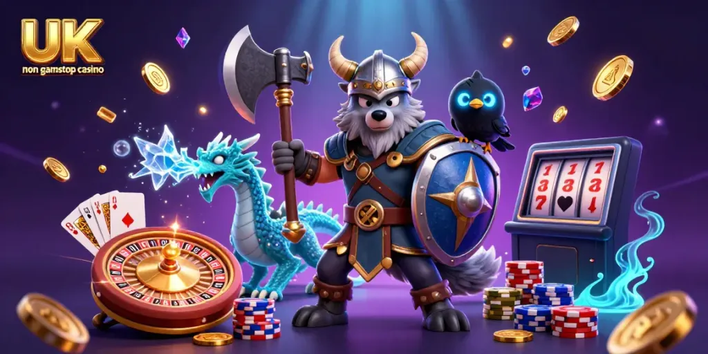 Experience the excitement of UK non gamstop casino with vibrant cartoon warriors amidst flying coins and gems.