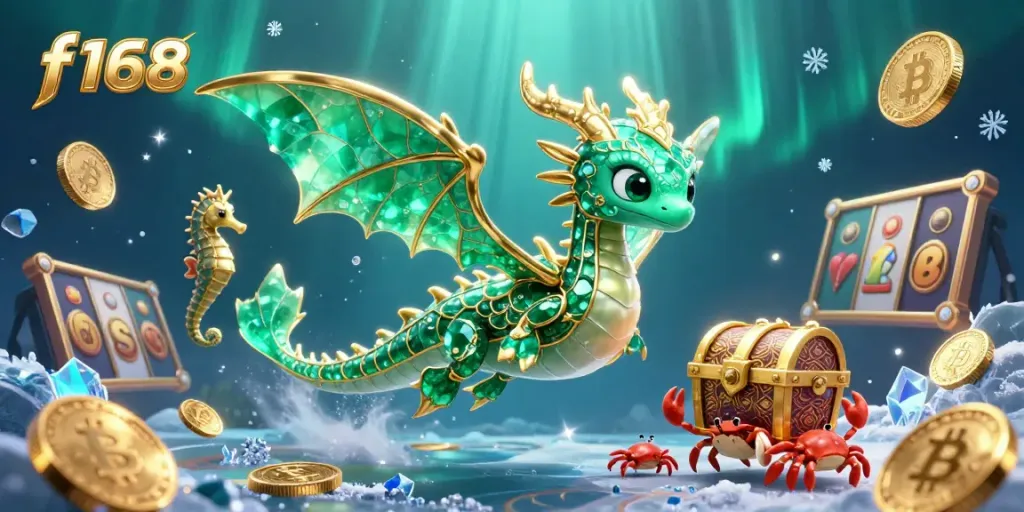 Experience exhilarating gaming with f168's vibrant underwater treasure scene featuring mythical creatures and dazzling casino elements.