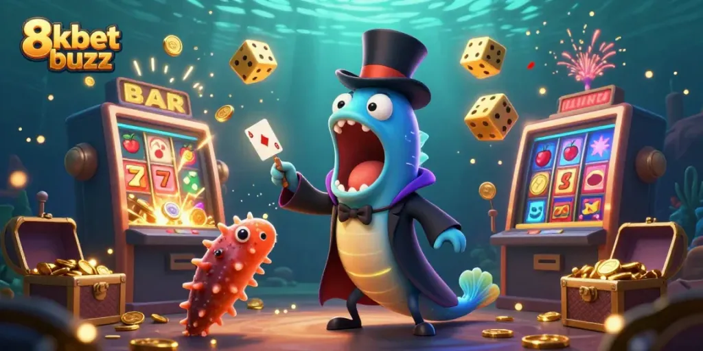 Experience the excitement of 8kbet buzz with a vibrant underwater casino scene featuring whimsical characters and casino elements.