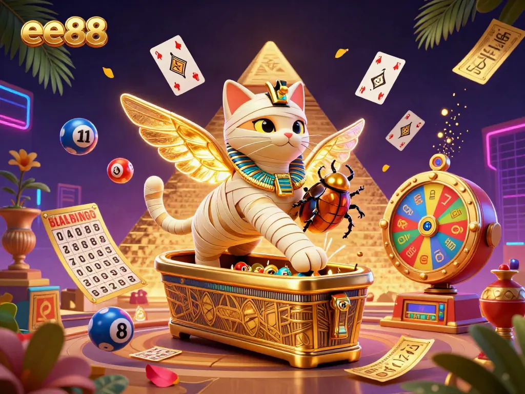Experience thrilling gameplay at ee88 with an Egyptian mummy cat and captivating casino elements.