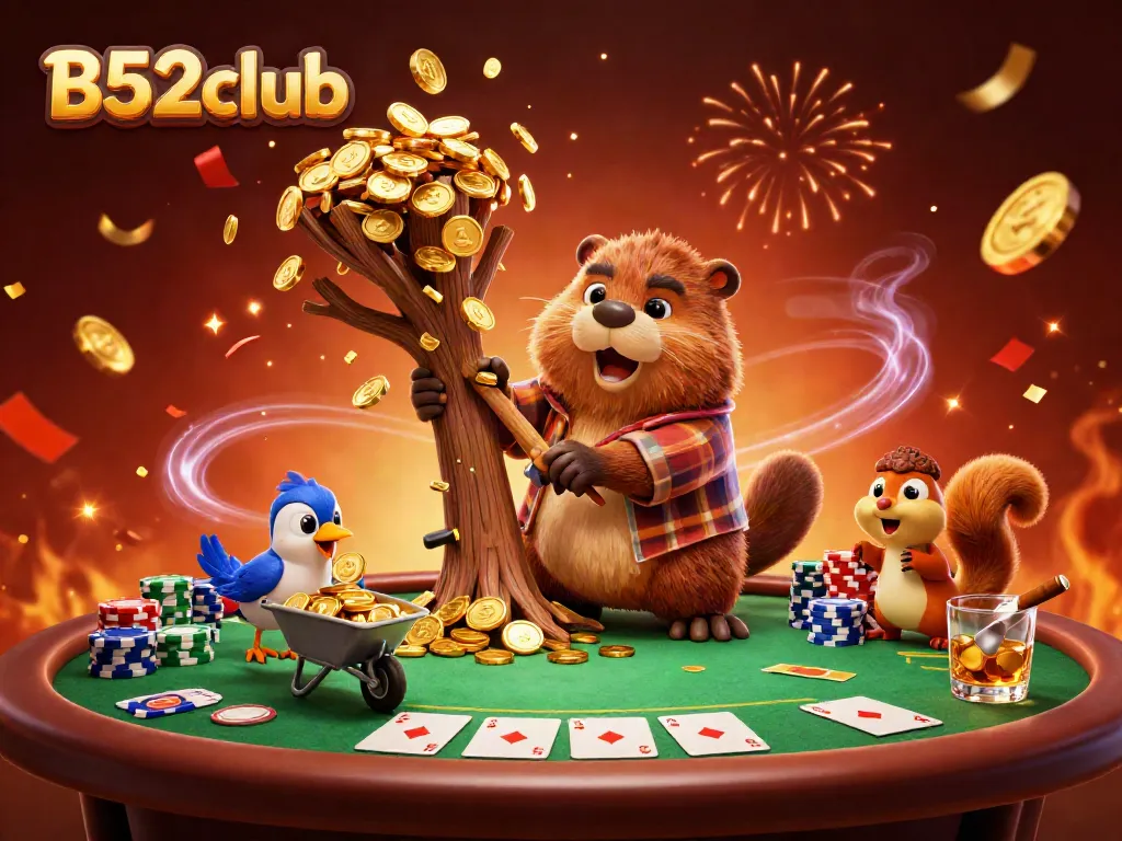 Join the fun at B52club with our unique casino-themed illustration of a beaver, bird, and squirrel celebrating victories.