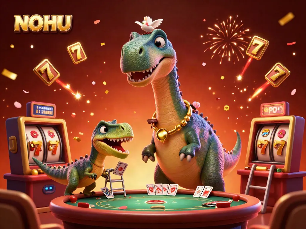 Experience the thrill of NOHU with giant characters and exciting slot reels in a dazzling casino scene.