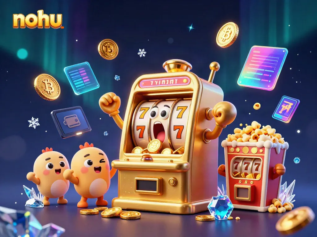 NoHU slot machines celebrate a jackpot with golden coins pouring out, showcasing exciting gambling action.