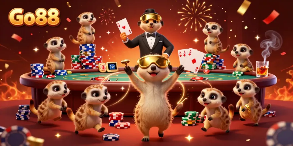 Experience the excitement of Go88's casino operations with playful meerkats in a vibrant setting.
