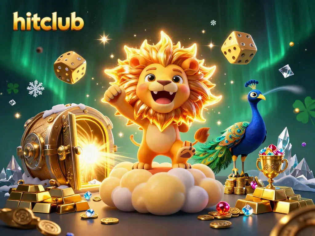 Experience the thrill of hitclub with a vibrant 3D illustration showcasing casino themes and celebratory elements.