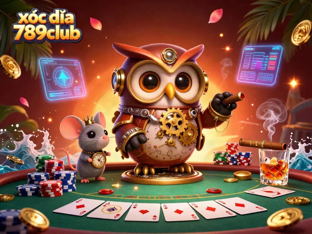 Xóc đĩa 789club playful 3D cartoon illustration featuring a steampunk owl and mouse in a vibrant casino scene.