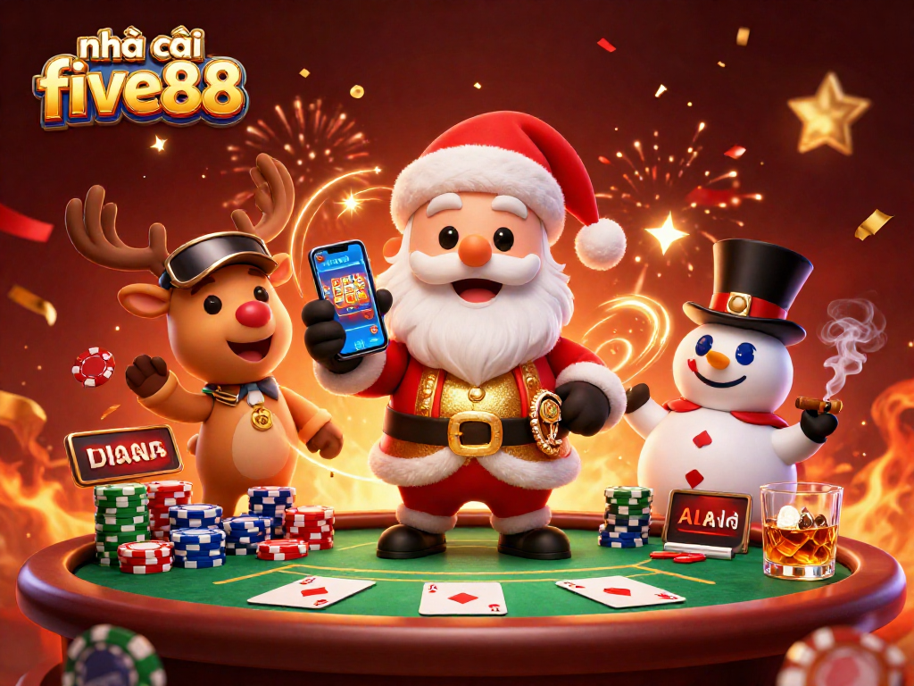 Join the excitement of nhà cái five88 with Santa Claus, a reindeer dealer, and a poker chip snowman in a vibrant casino