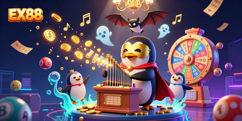 Experience EX88 excitement with a colorful 3D scene bursting with dynamic gambling elements.