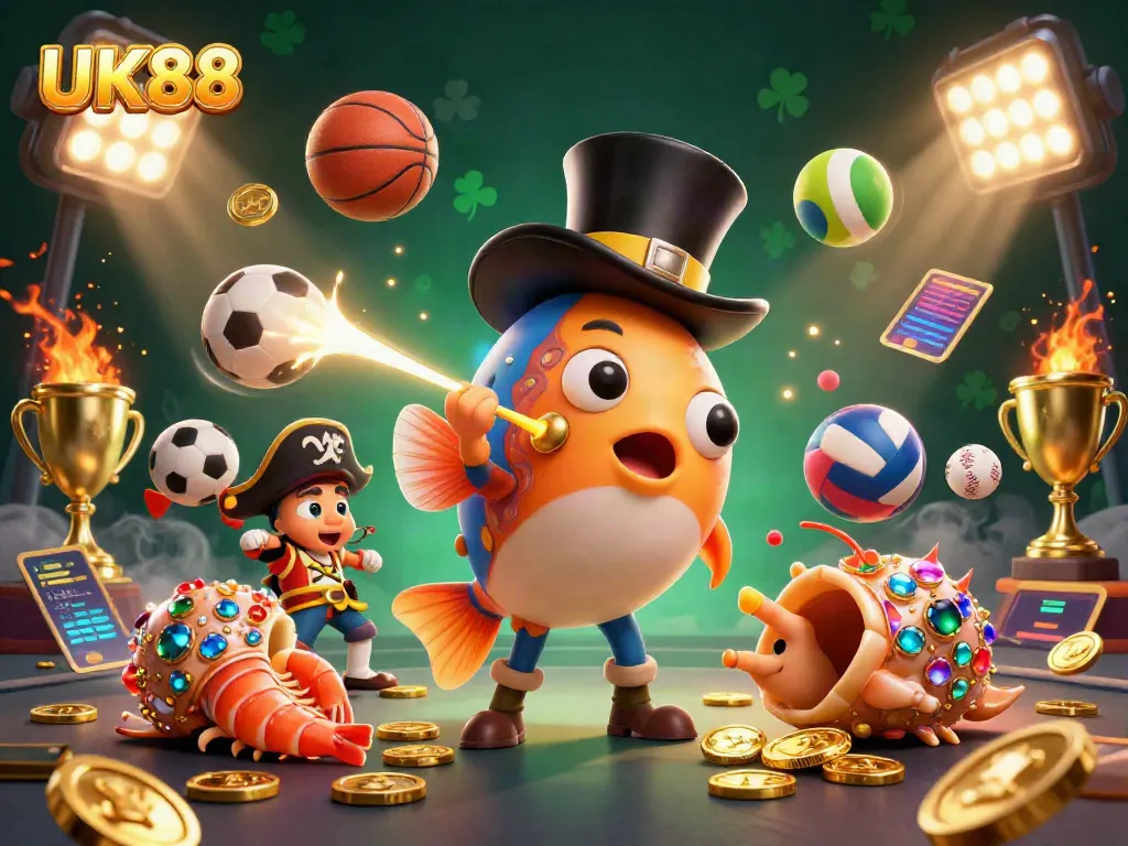 Experience thrilling wins at UK88 with a 3D anglerfish attracting gold coins in a vibrant casino scene.