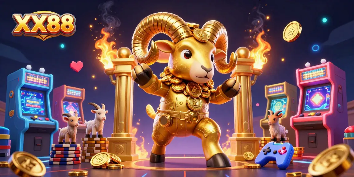 Experience thrilling gameplay at XX88 with an energetic scene of a golden ram, arcade machines, and vibrant casino elements.