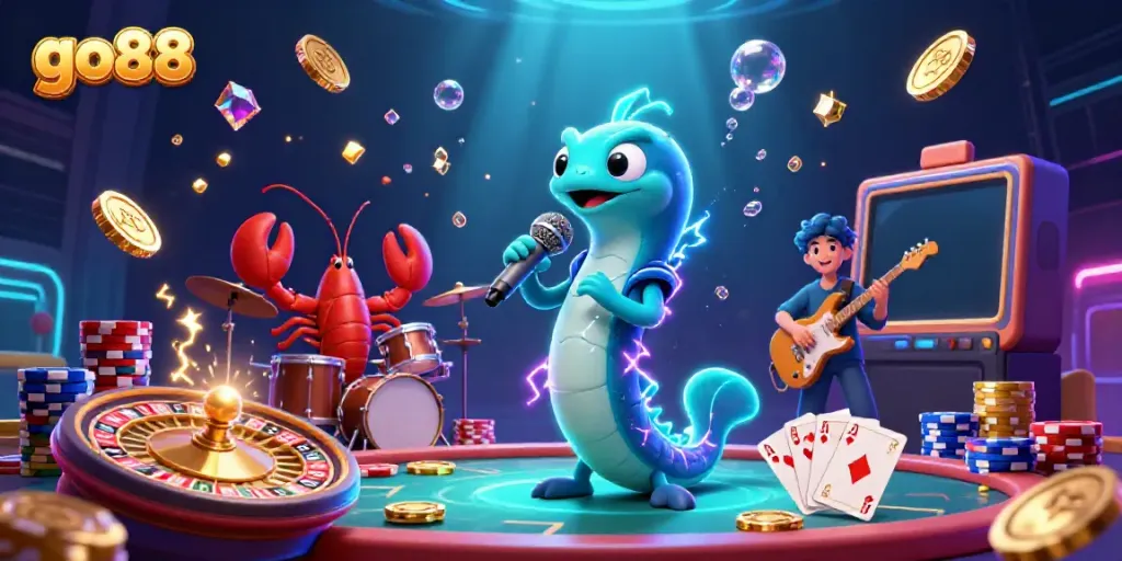 Experience the thrill of go88 with an underwater casino scene featuring an electric eel DJ, distributed golden coins, and vibrant gameplay elements.