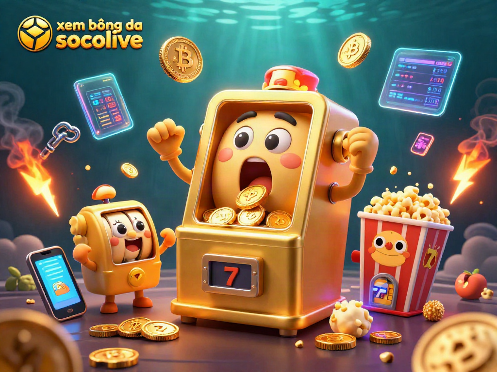xem bóng đá socolive showcases a vibrant 3D illustration with joyful slot machines hitting jackpots amidst a dynamic casino setting.