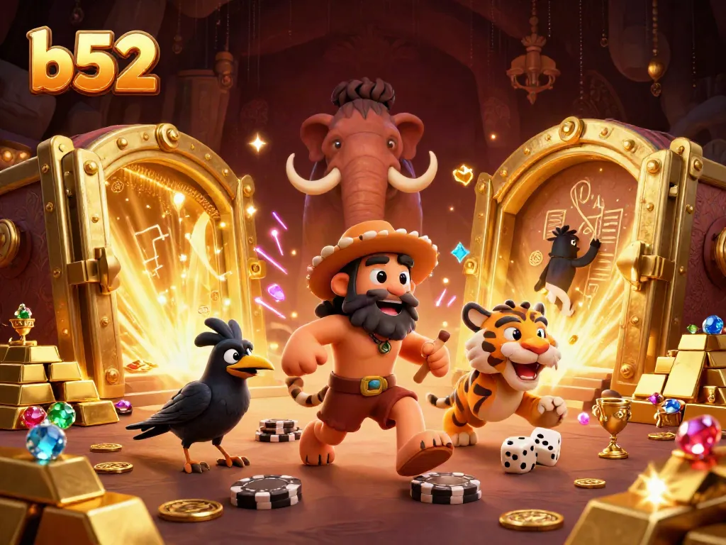 Experience thrilling b52 gaming with energetic characters and shimmering treasures in a dynamic casino setting.