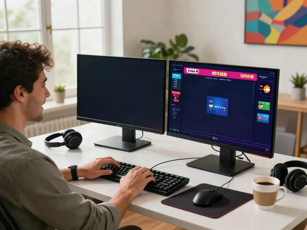 Engaged player exploring visa & mastercard casinos in a vibrant home office with gaming setup.