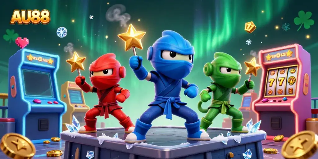 Witness a dynamic AU88 scene with ninja chameleons performing martial arts surrounded by jackpot elements.
