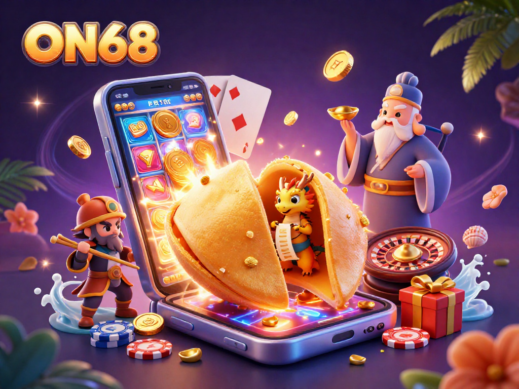 Experience thrilling gameplay on ON68 with vibrant golden elements and animated casino imagery.
