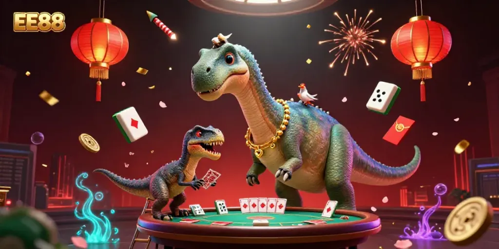 Experience EE88 excitement with fantastical casino elements, dinosaurs, and vibrant celebrations.