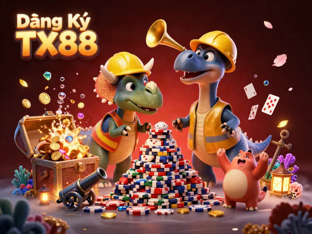 Join the excitement at Đăng Ký TX88 with vibrant characters and casino elements celebrating winnings.