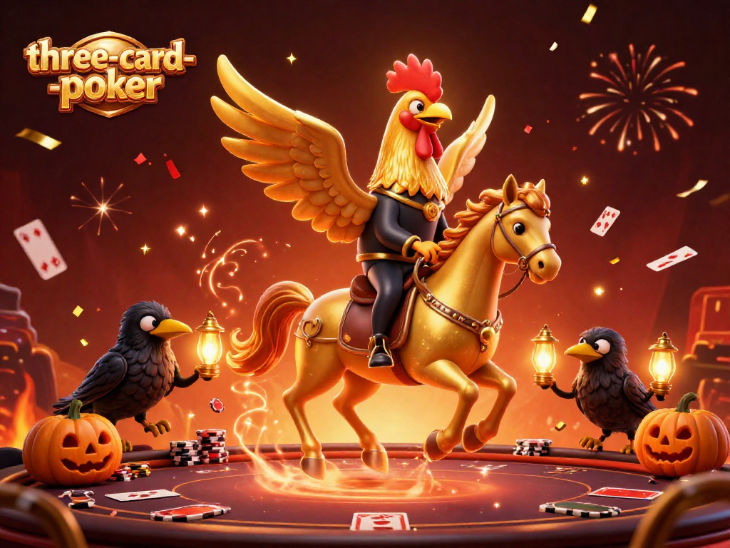 Experience the thrill of three-card-poker with a vibrant casino scene full of excitement and energetic visuals.