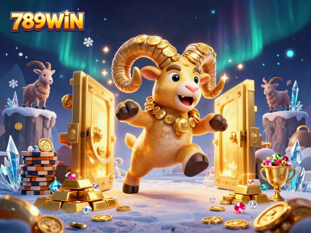 Experience the thrill of 789WIN with a golden ram charging towards a treasure-filled vault in a vibrant casino illustration