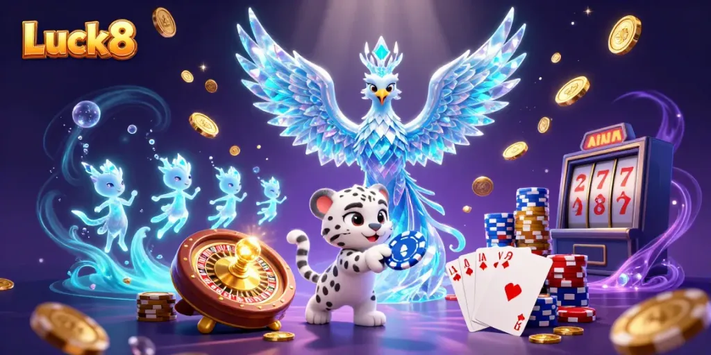 Immerse in the magical casino world of Luck8 with ethereal phoenix and playful snow leopard.