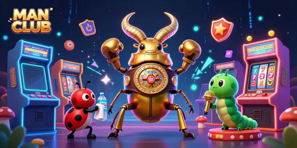 Engage with the MAN CLUB illustration showing a giant stag beetle in a boxing belt amidst vibrant casino elements.