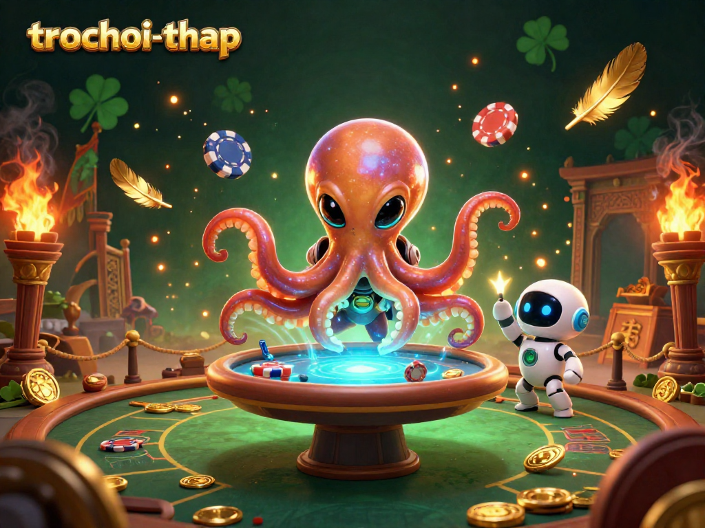 Trochoi-thap showcases a lively poker scene with an alien octopus and robot amidst vibrant casino elements.