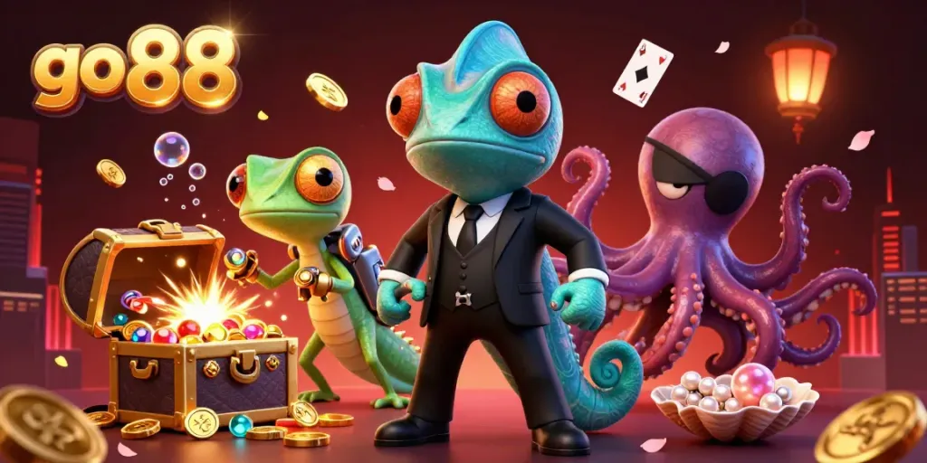 Experience thrilling gaming adventures with go 88 in this vibrant, action-packed scene of characters and treasures.
