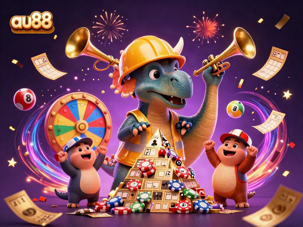 Engage in the excitement of au88 as a triceratops builds a poker chip pyramid amid festive, dynamic gaming elements.