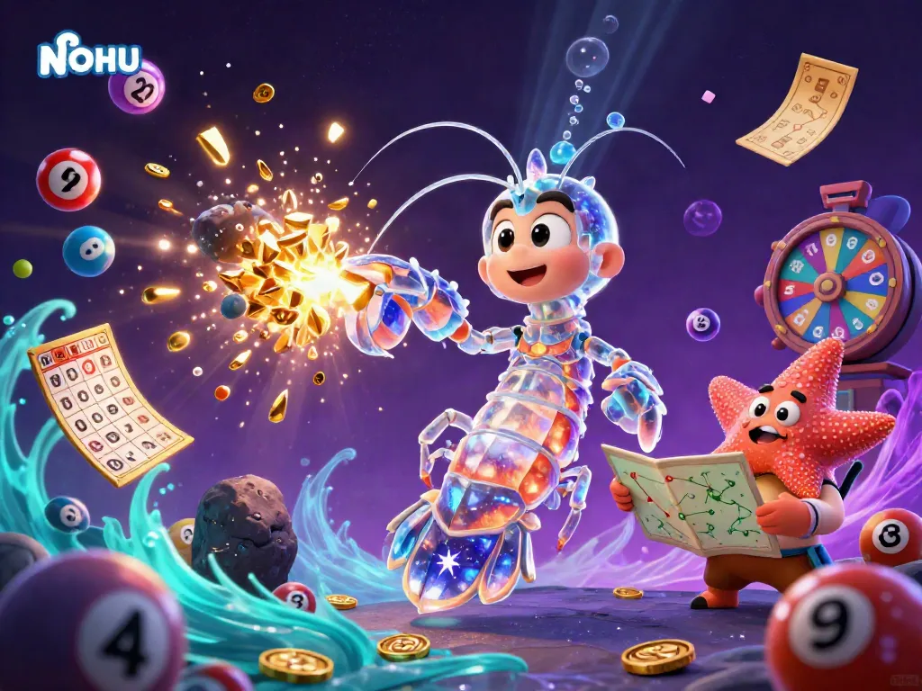 Engage with NOHU's vibrant gaming world featuring a galactic shrimp in action, representing exciting lottery games.