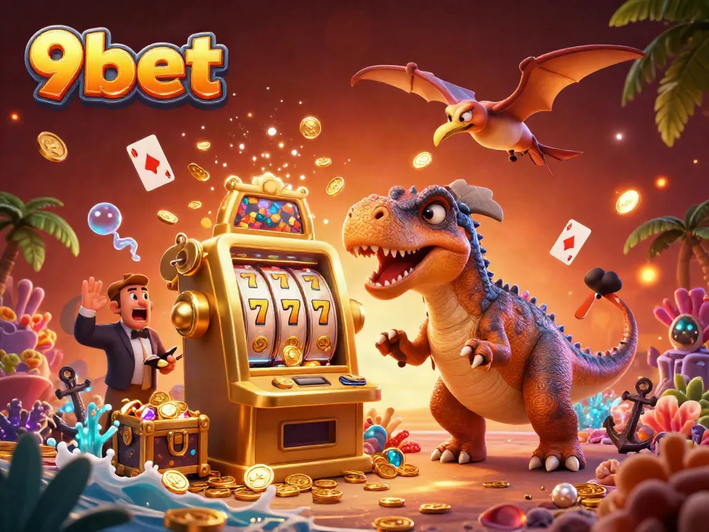 9bet casino scene with cartoon dinosaurs winning jackpots and collecting golden coins.