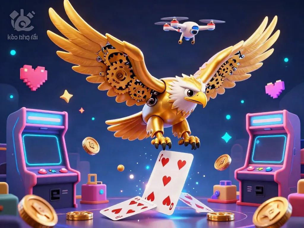 Experience the excitement of kèo nhà cái with a vibrant 3D scene of a golden eagle soaring through holographic cards.