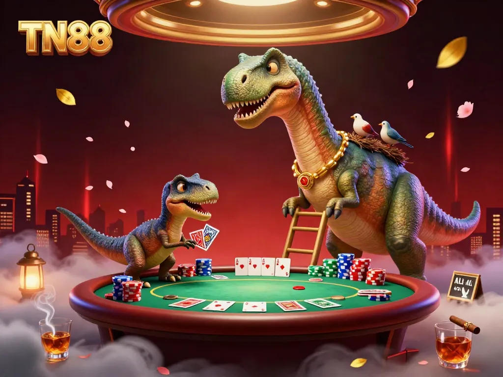 Experience the whimsical TN88 casino scene with a giant dinosaur and clever raptor dealing cards at a poker table.