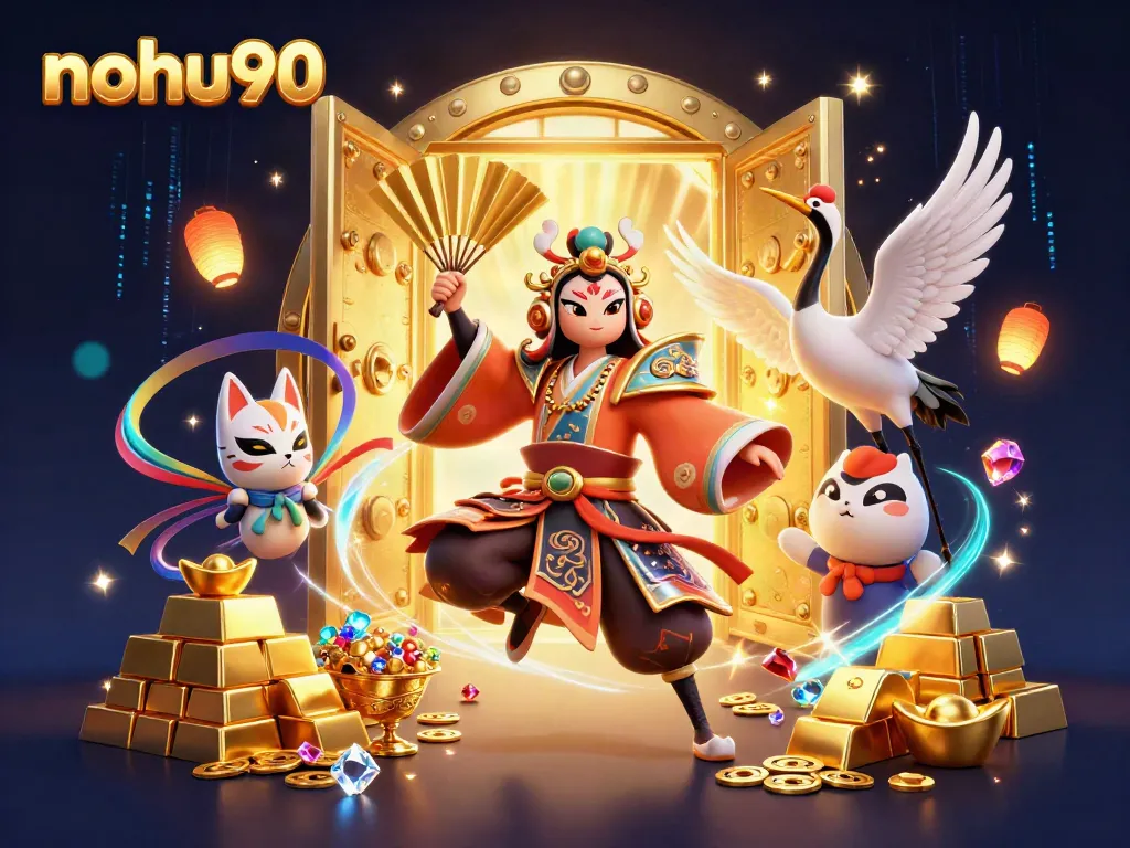 Experience exhilarating wins at nohu90 with vibrant casino-themed 3D artwork featuring dynamic characters and treasure elements.