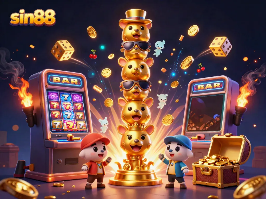 Experience the excitement at sin88 with a vibrant 3D casino scene featuring a dynamic totem pole and jackpot explosion.