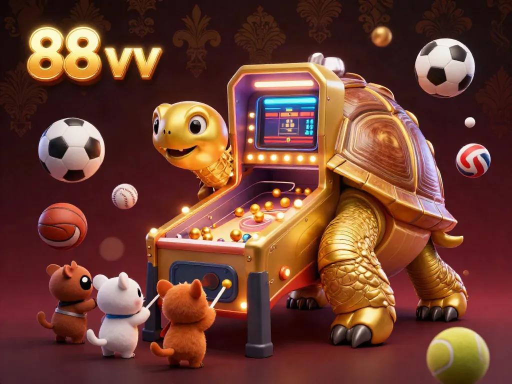Experience exciting game play at 88 vv with golden tortoise pinball, sports balls, and vibrant visuals!