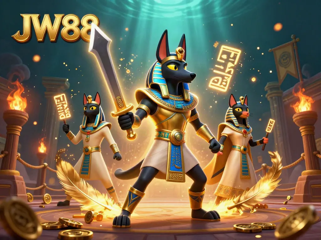 Engage with JW88's vibrant online casino experience featuring Anubis and Bastet amidst dynamic gambling elements.