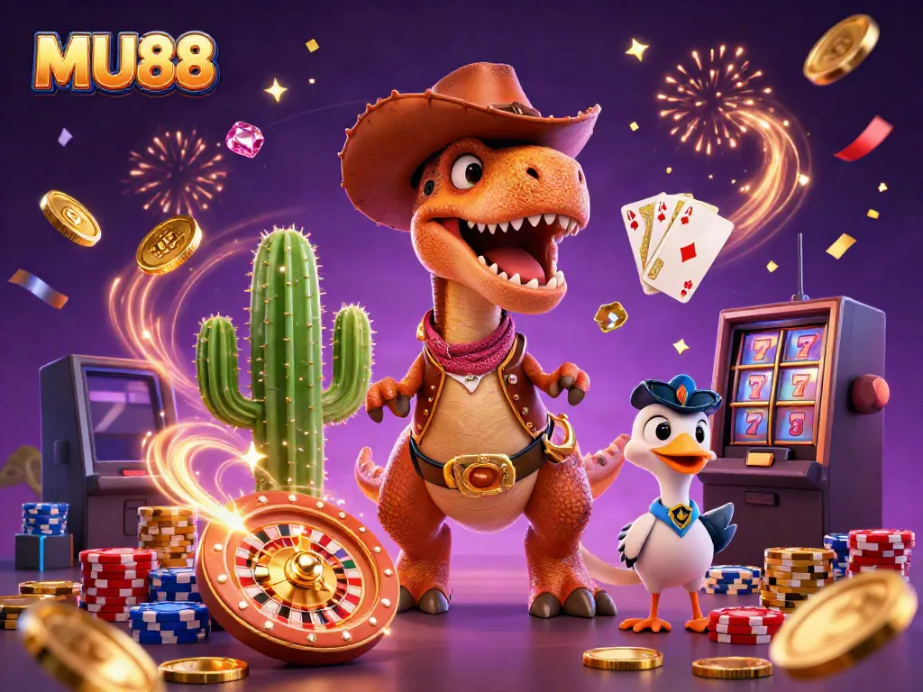 Experience the thrill of MU88 with a vibrant casino scene, featuring whimsical characters and dynamic game elements.