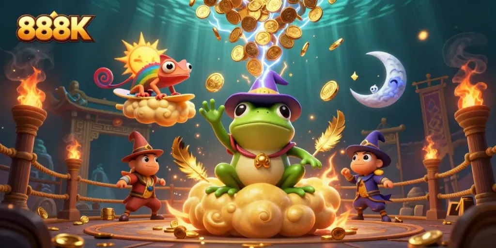 Engage with exciting games at 888K, featuring a storm of golden coins and dynamic casino elements.