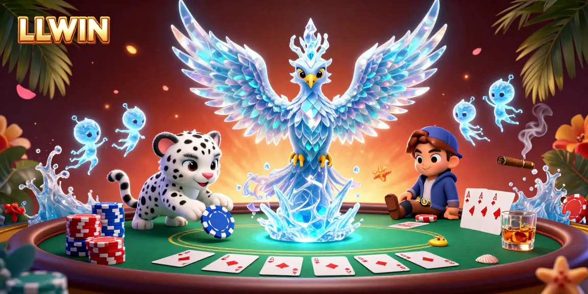 Experience the excitement of LLWIN casino with a vibrant 3D illustration featuring characters and poker gaming elements.