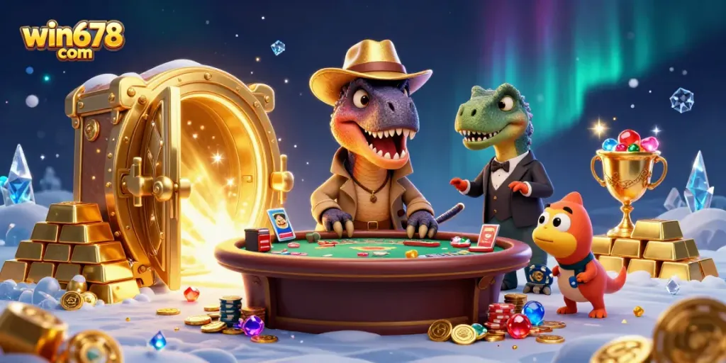 Experience thrilling blackjack action at win678 com with cartoon dinosaurs in a lively setting.