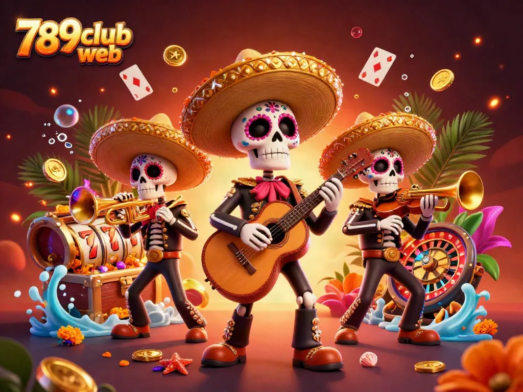 Immerse in the vibrant 789club web atmosphere with a lively mariachi band amid slots and treasures.