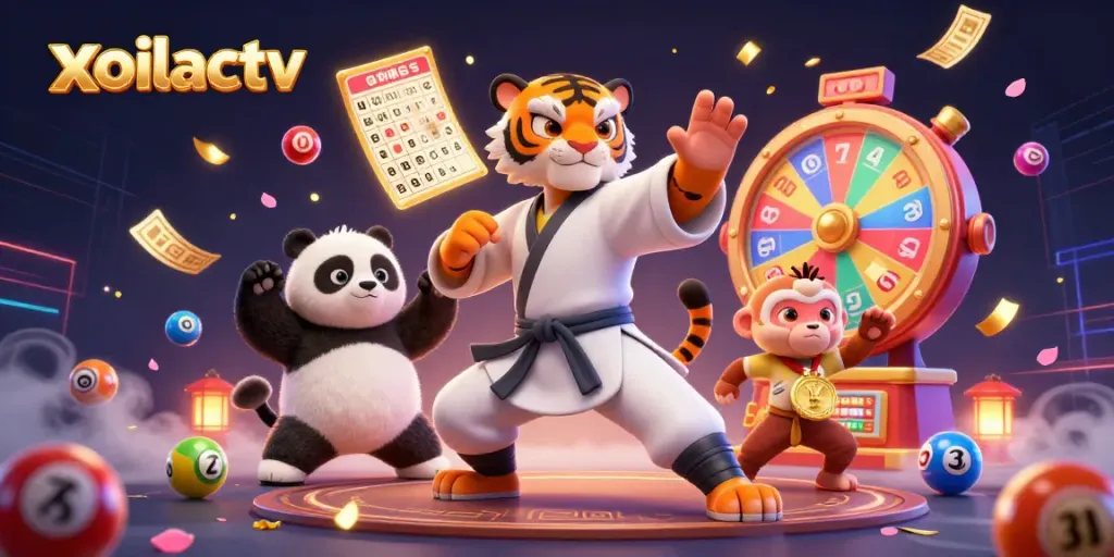 Xoilactv animated scene featuring kung fu tiger master and panda with colorful lottery elements.