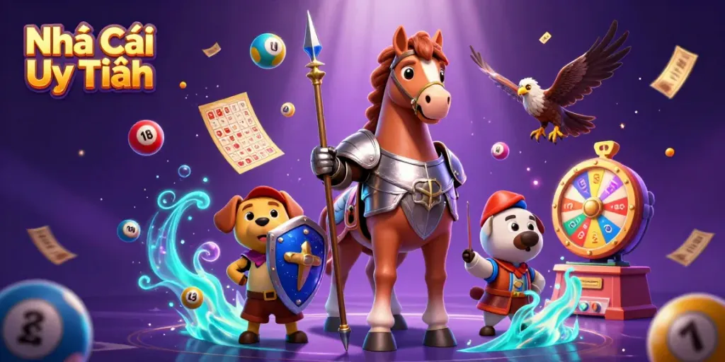 Experience the thrill of Nhà Cái Uy Tín with dynamic lottery elements and gaming characters in vibrant 3D detail.