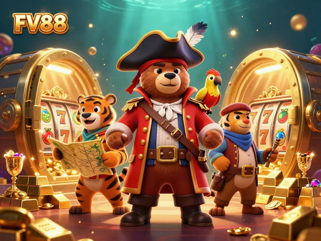 Experience the thrill of FV88 with vibrant casino elements and our pirate captain bear character.