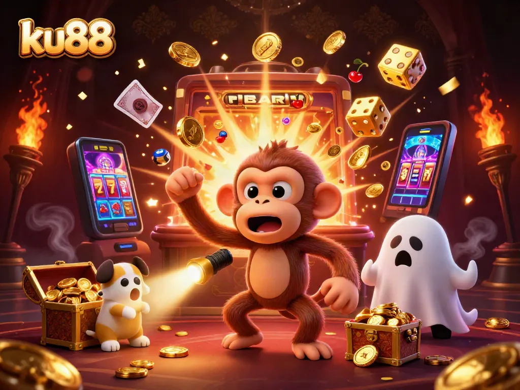 Experience ku88's vibrant casino world with a mischievous monkey and curious puppy.