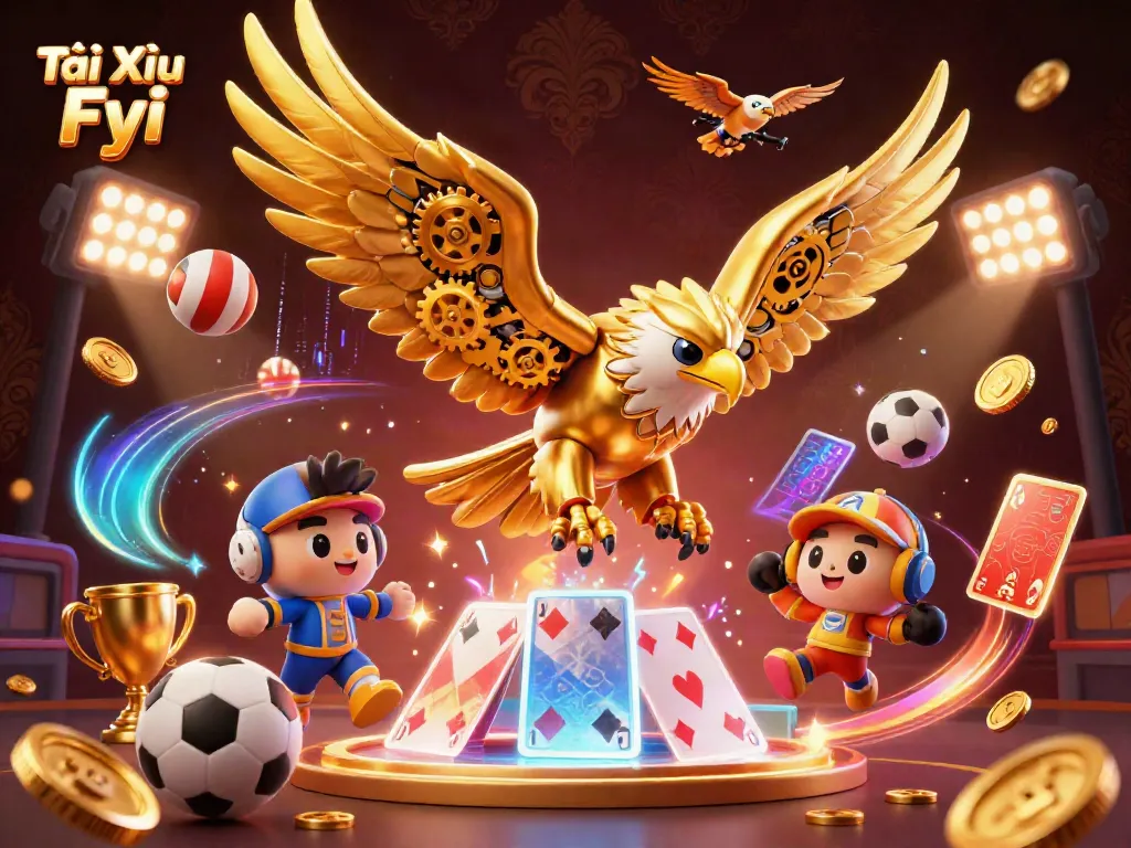 Tài Xỉu Fyi showcases a cybernetic eagle diving through holographic cards amidst vibrant gambling elements.