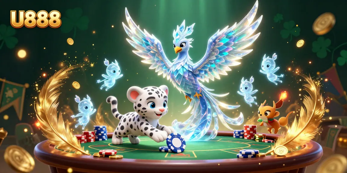 U888 showcases an engaging scene with an ice phoenix and poker elements, revealing vibrant casino excitement.