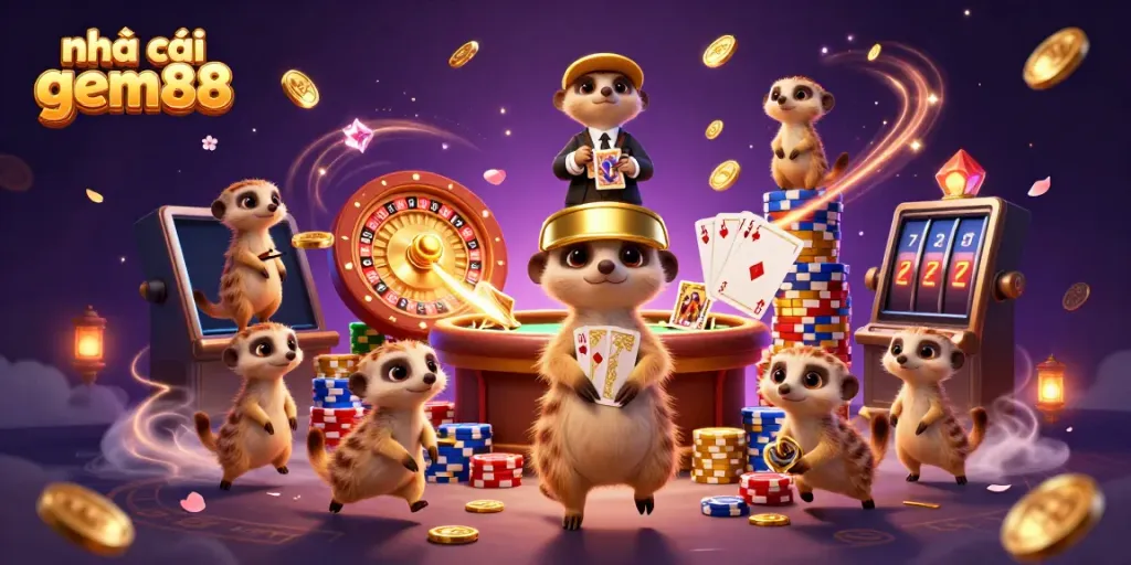 Experience the excitement at nhà cái gem88 with dynamic 3D meerkats engaging in a vibrant casino scene.